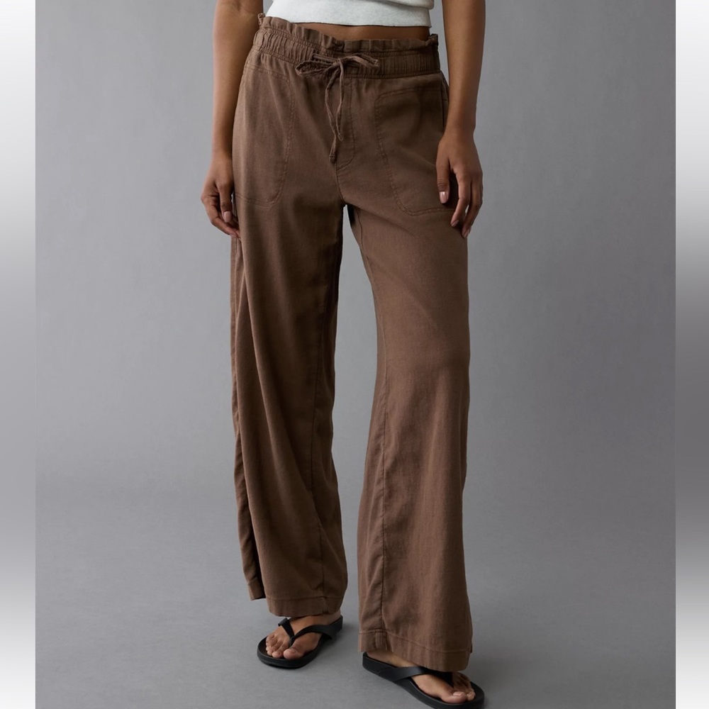 AE Dreamy Drape Linen-Blend Pull-On Pant XL Brown